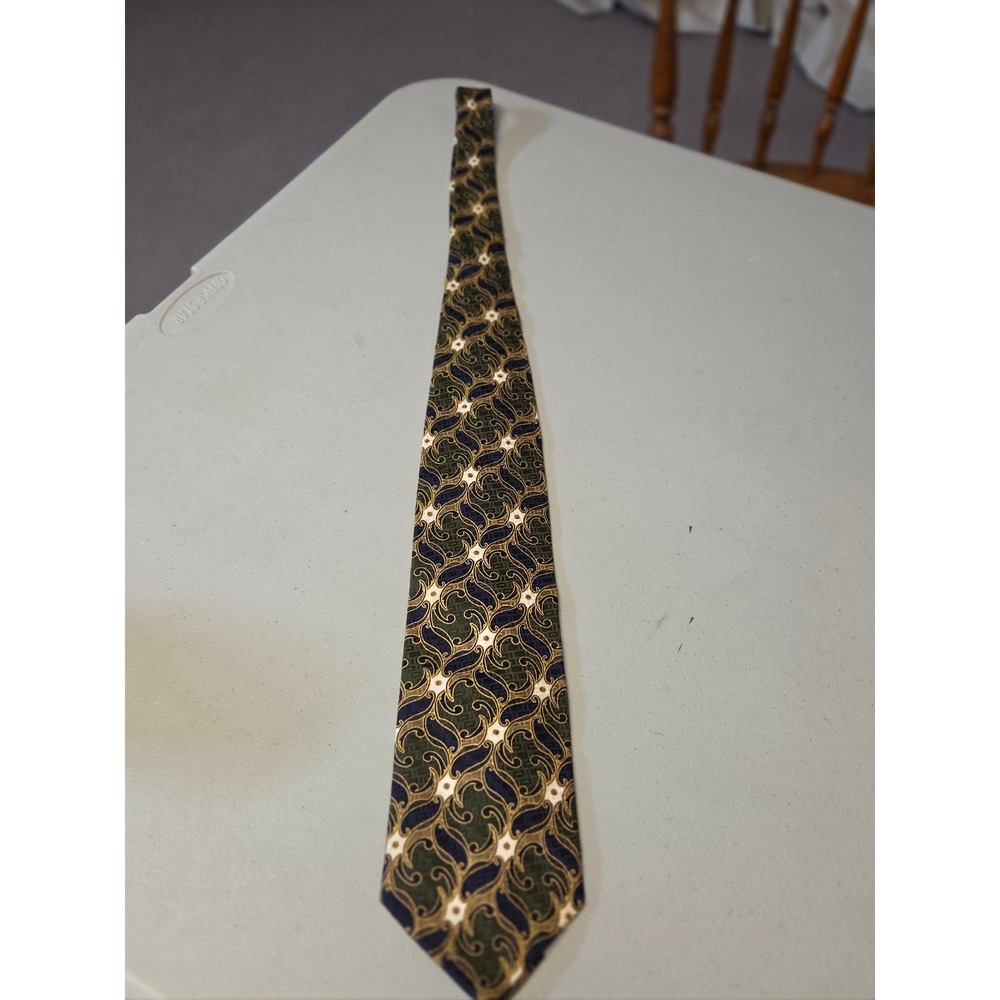 Vintage Hunting Horn by J. Riggins Mens Silk Tie Green Navy Blue Gold Geometric